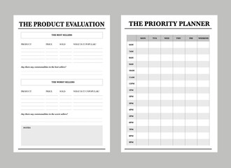 Simple style Product evaluation and priority planner. Minimalist planner template set. Vector illustration.