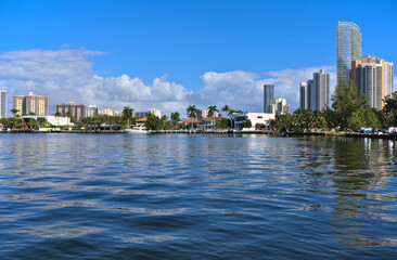 Sunny Isle beach, Florida: buildings in downtown city, view from the laguna