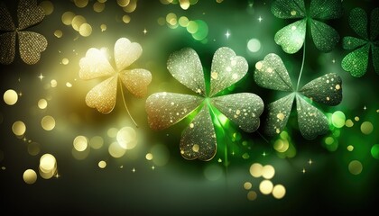 Beautiful festive background with bright green and gold four-leaf clover, St. Patrick's Day texture, Generative AI