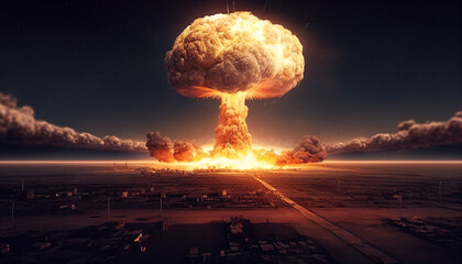 Nuclear bomb explosion over a city during world war. - obrazy, fototapety, plakaty