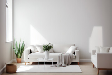Comfortable couch in Scandinavian living room interior with copy space on the empty white wall. Generative AI.