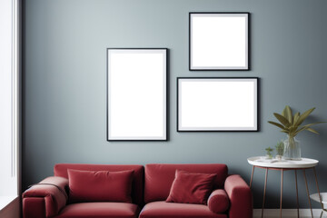 Mock up frame in home interior background, blue gray wall, modern style. Scandinavian living room. Generative AI.