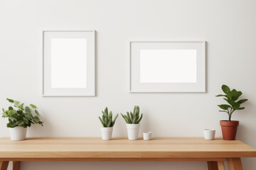 Fototapeta na wymiar Mock up frame in home interior background, white wall with table, modern style. Scandinavian design. Generative AI.