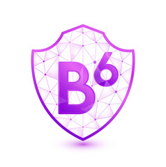 Vitamin B6 shield polygonal translucent purple. Low poly triangle modern futuristic protection. Boost your immunity. Vector isolated on white background. Medical health immune innovation concept.