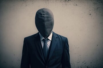 illustration d'un homme d'affaires en costume sans visage, tête recouverte de tissu, anonyme
