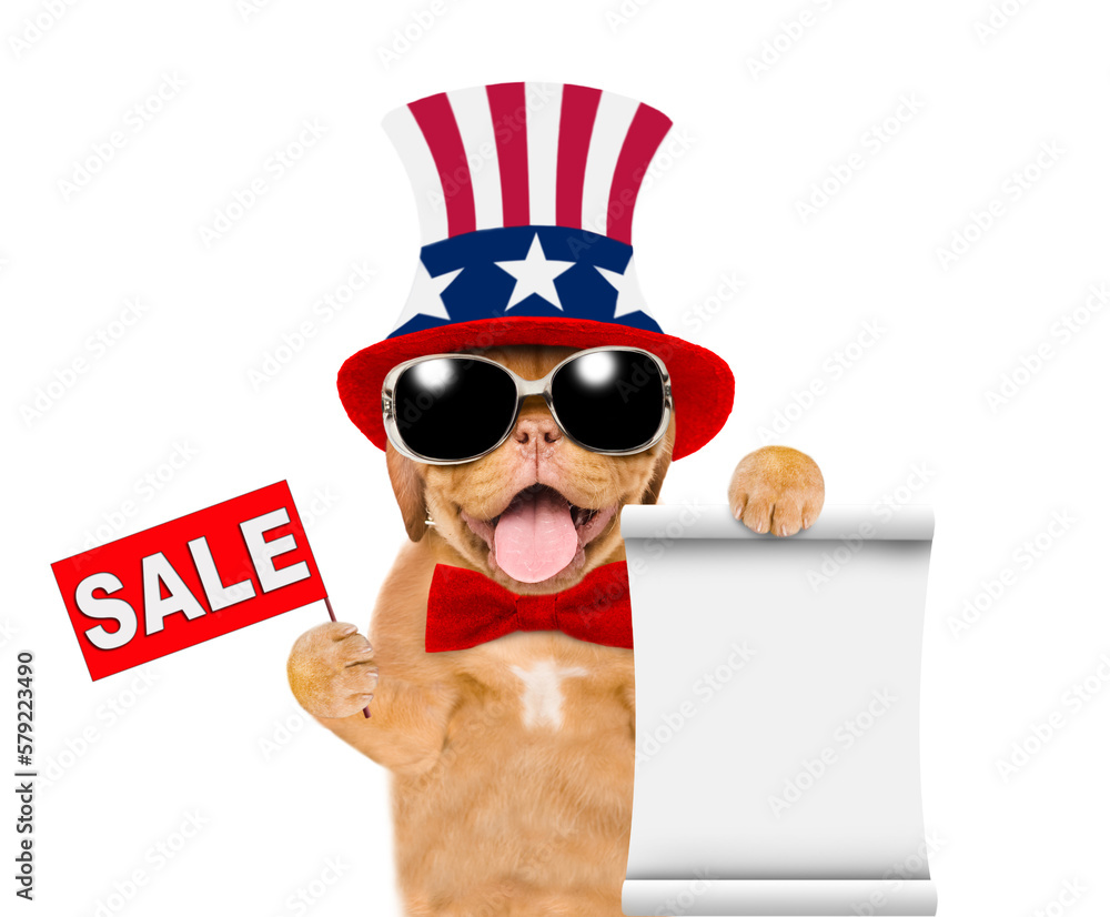 Poster happy mastiff puppy wearing like uncle sam shows empty list and signboard with labeled 