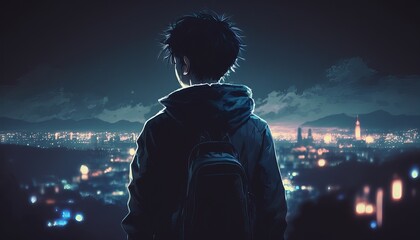 illustration de jeune garçon de dos dans la ville de nuit, style manga, capuche et sac à dos