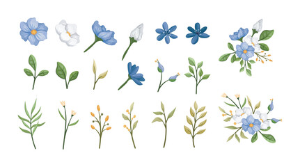 Flower blue white arrangement isolated with leaf and flower blue white clip art