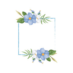 blue white flower with blue line watercolor floral square frame luxurious floral elements botanical background