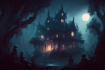 une maison hantée ou manoir sombre de nuit ambiance horreur, lune et mystère - obrazy, fototapety, plakaty