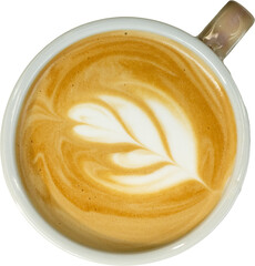A cup of coffee with a leaf design on the top.