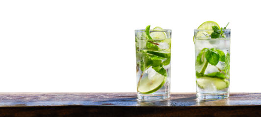 two mojito cocktails on wooden bar copy space composition with isolated background
