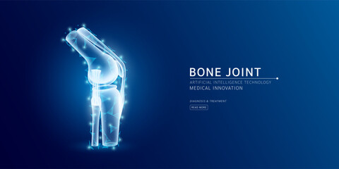 Website template. Human bone joint anatomy translucent low poly triangles. Futuristic glowing organ hologram on dark blue background. Medical innovation diagnosis treatment concept. Banner vector. - obrazy, fototapety, plakaty