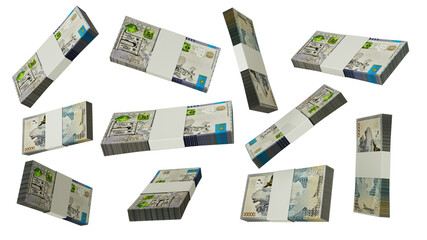 3D rendering of  stacks of 20000 Kazakhstani Tenge notes flying in different angles and orientations