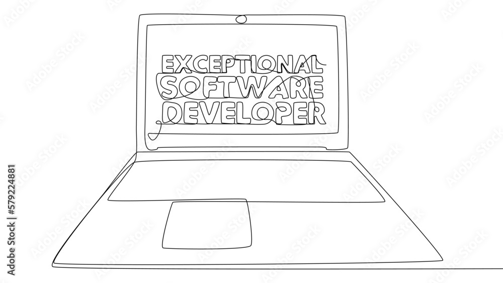 Poster one continuous line of laptop with exceptional software developer word. thin line illustration vecto