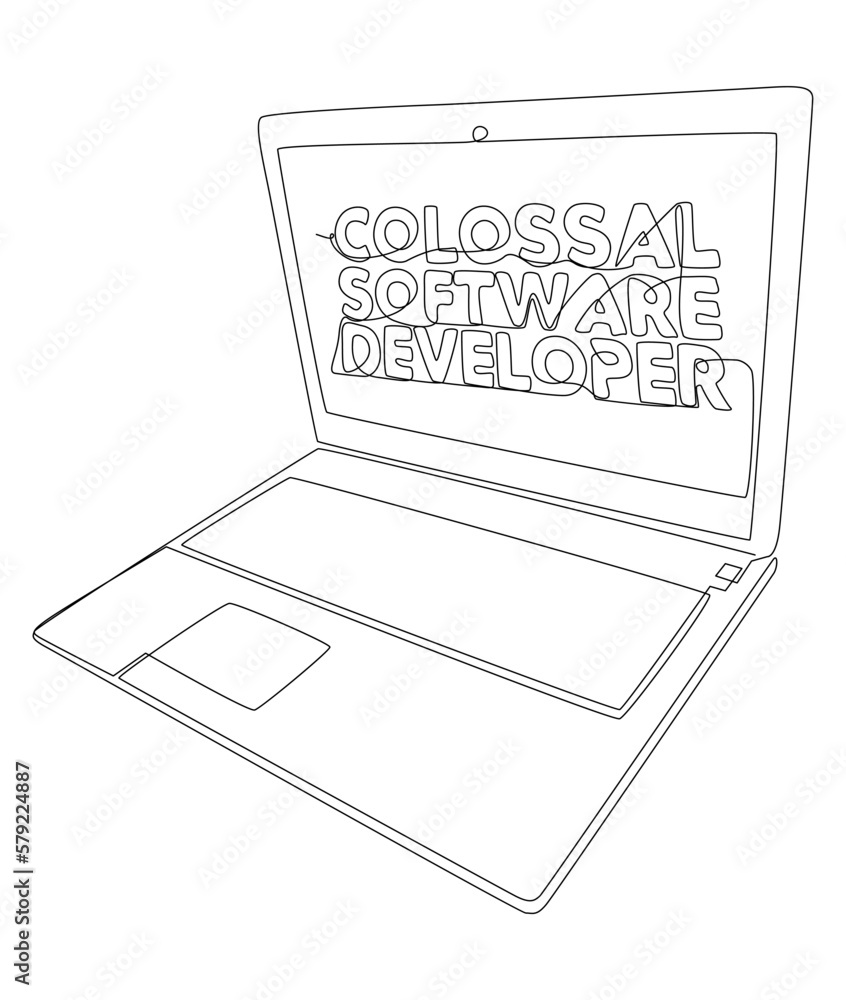 Poster one continuous line of laptop with colossal software developer word. thin line illustration vector c