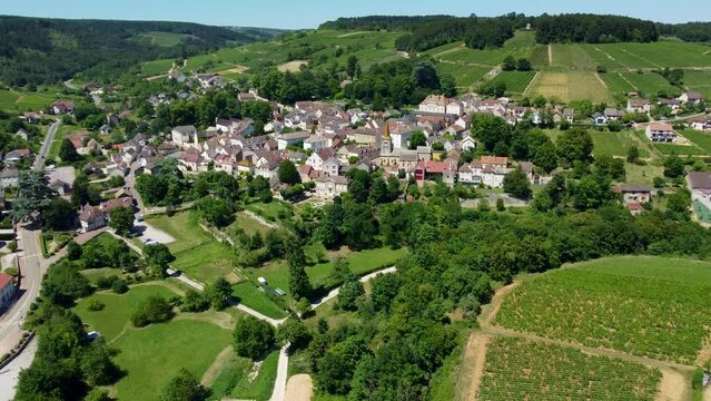 4K aerial footage of Pernand-Vergelesses, a famous wine producing commune in the C&ocirc;te-d'Or department in eastern France