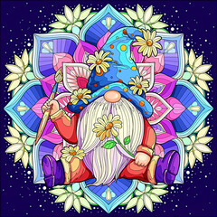 Illustration of a gnome and a mandala 