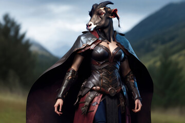Fantasy Warrior Woman in Leather and Cape with a Goat Head Anthropomorphic Generative AI Illustration