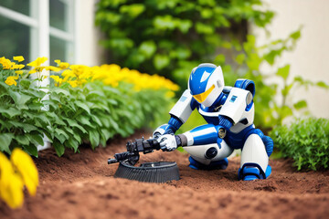 Fototapeta premium Futuristic Blue and White AI Robot Working Outside in a Garden Yellow Flowers Dirts Generative AI illustration
