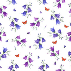 Fototapeta na wymiar Floral seamless pattern of bluebells, wild oats, flying butterflies. Watercolor hand drawn illustration for poster, scrapbooking, invitations, prints, wallpaper, fabric, textile, wrapping.