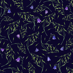 Watercolor floral seamless pattern of bluebells, wild oats isolated on dark blue background. For postcard, poster, scrapbooking, invitations, background, prints, wallpaper, fabric, textile, wrapping.