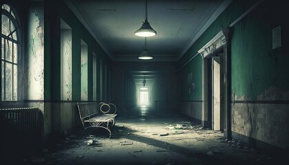 Abandoned hospital corridor with chair and light coming from the window. Generative AI