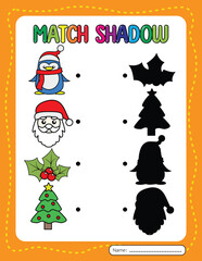 Christmas worksheet. Match shadow game activity book for kids.
