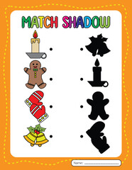 Match shadow worksheet. Christmas game activity book for kids.
