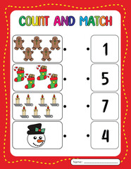 Count and match worksheet. Christmas game activity book for kids.
