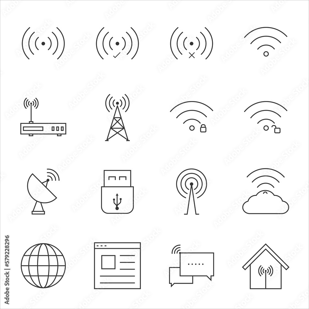 Poster set of wireless telecom communication signal icon. satellite technology outline vector.