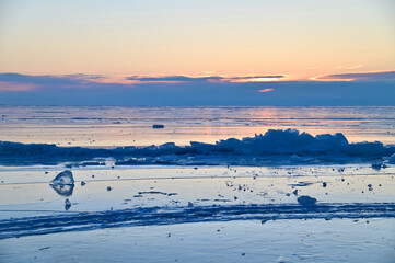 Frozen Baikal Lake During Morning Twilight Near Cape Khoboy