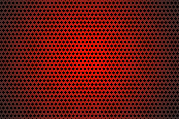 red metal grid background with black dots.