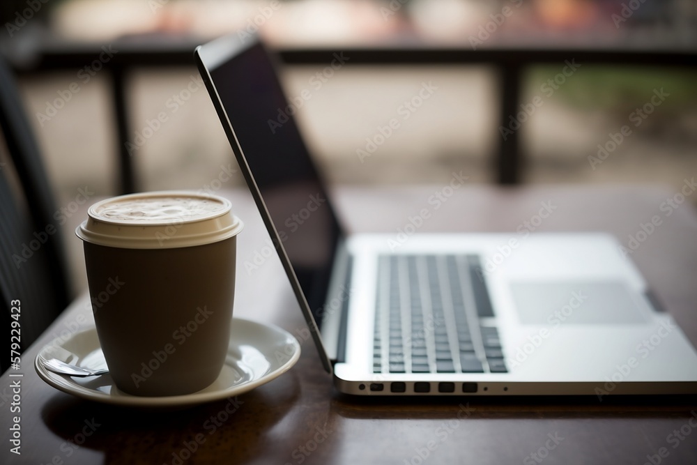 Poster capture the essence of a café scene with this image of a laptop resting on a table alongside a cup o