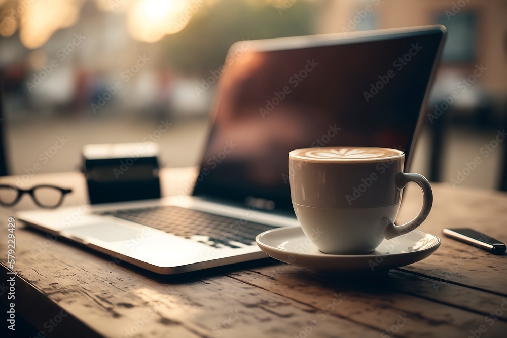 Poster capture the essence of a café scene with this image of a laptop resting on a table alongside a cup o