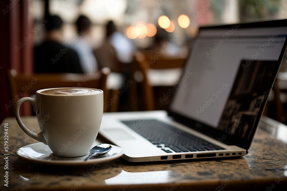 Poster capture the essence of a café scene with this image of a laptop resting on a table alongside a cup o