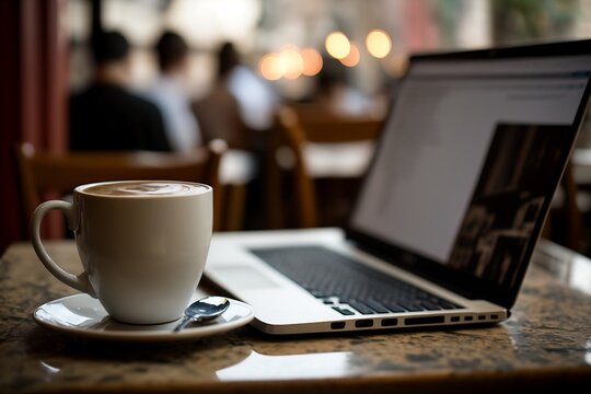 Capture the essence of a café scene with this image of a laptop resting on a table alongside a cup of coffee, set against a blurred background