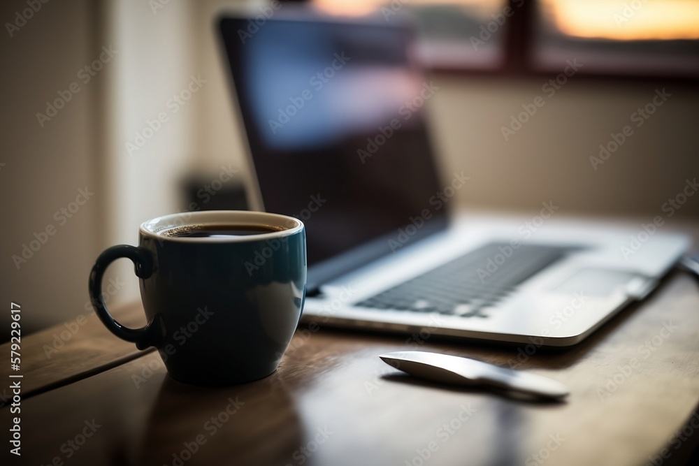 Poster capture the essence of a café scene with this image of a laptop resting on a table alongside a cup o