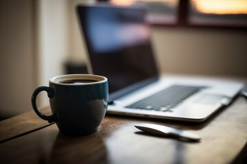 Capture the essence of a caf&eacute; scene with this image of a laptop resting on a table alongside a cup of coffee, set against a blurred background