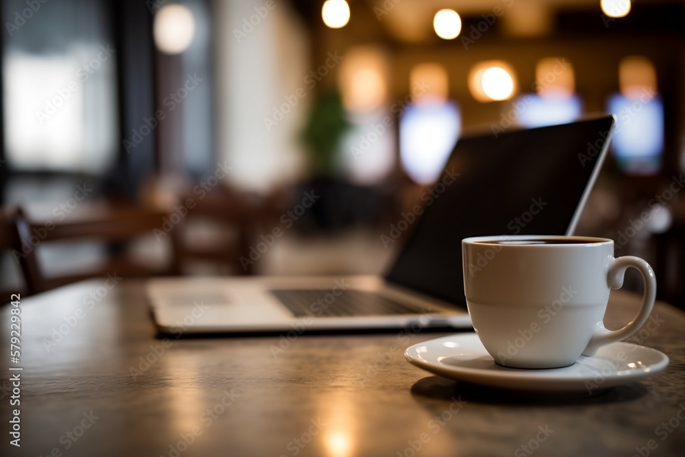 Poster capture the essence of a café scene with this image of a laptop resting on a table alongside a cup o