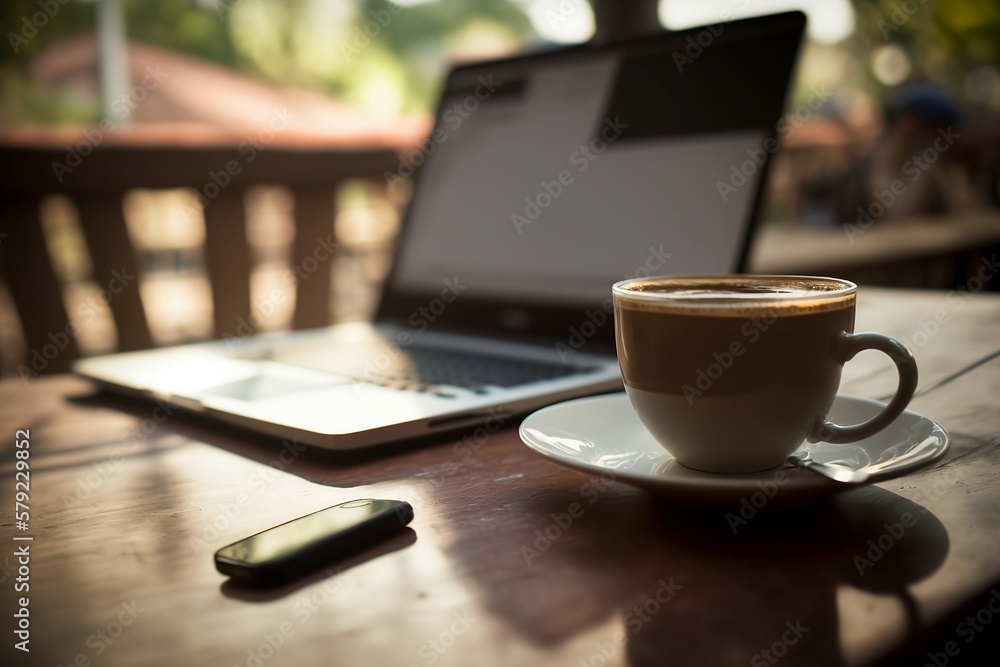 Poster capture the essence of a café scene with this image of a laptop resting on a table alongside a cup o