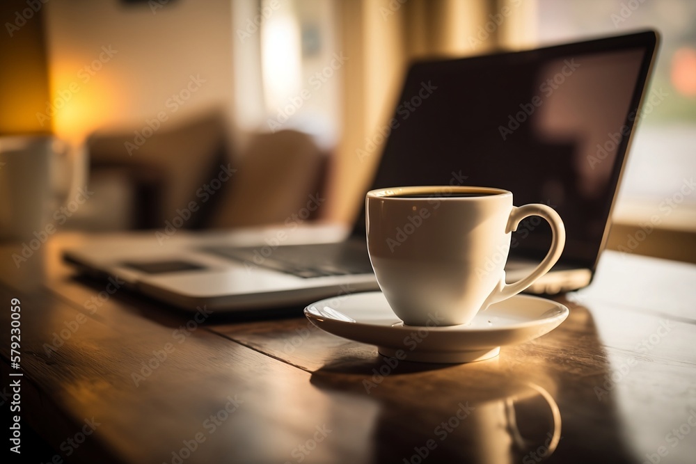 Poster capture the essence of a café scene with this image of a laptop resting on a table alongside a cup o