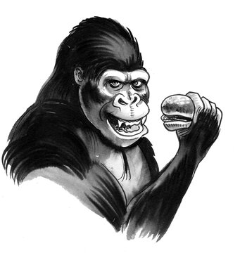Big black gorilla eating hot dog. Ink and watercolor drawing