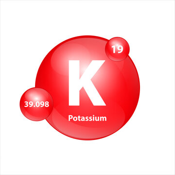 Potassium, Kalium (K) icon structure chemical element round shape circle red easily. Chemical element of periodic table Sign with atomic number. Study in science for education. 3D Illustration vector.