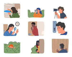 Set of spying people. Men and women hiding in bushes or behind wall, observing through binoculars, sneaking around or peeping at someone. Cartoon flat vector collection isolated on white background - obrazy, fototapety, plakaty