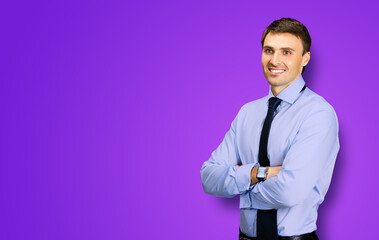 Portrait image - smiling business man in confident cloth, necktie, tie look outside, isolated on violet purple background. Businessman, bank account manager, layer, real estate sales agent