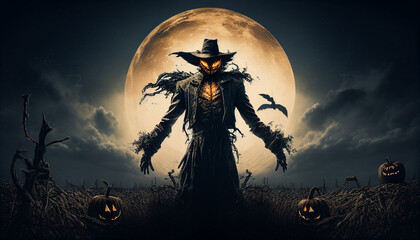 Pumpkin-headed scarecrow in the spooky cornfield under the full moon. Sinister expression, tattered clothes. generated by AI - obrazy, fototapety, plakaty