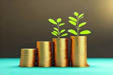 Power of saving and investment concept. A stack of golden coins with small plant growing up on top