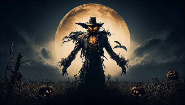 Pumpkin-headed scarecrow in the spooky cornfield under the full moon. Sinister expression, tattered clothes. generated by AI