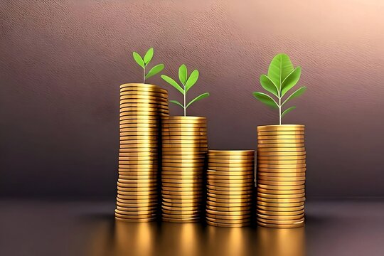 Power of saving and investment concept. A stack of golden coins with small plant growing up on top